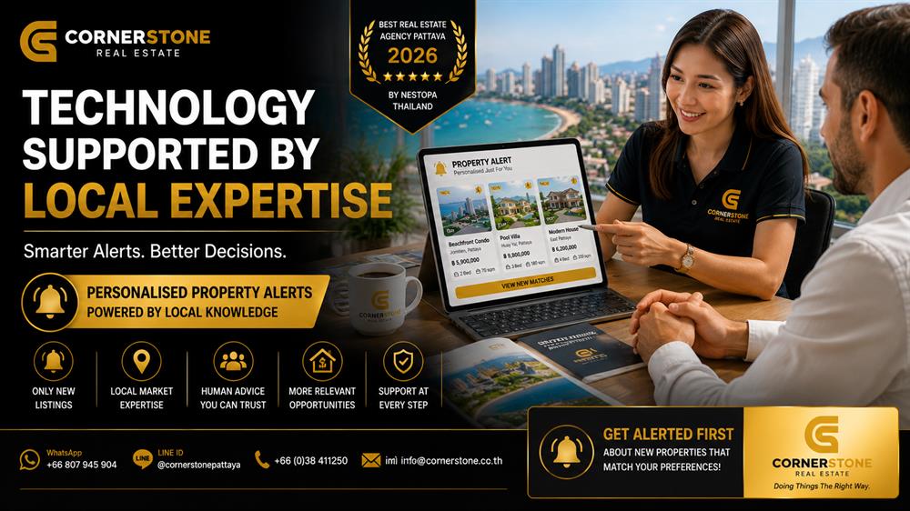A Cornerstone Real Estate advisor discussing property options with a client, combining local expertise with automated property alerts in Pattaya.